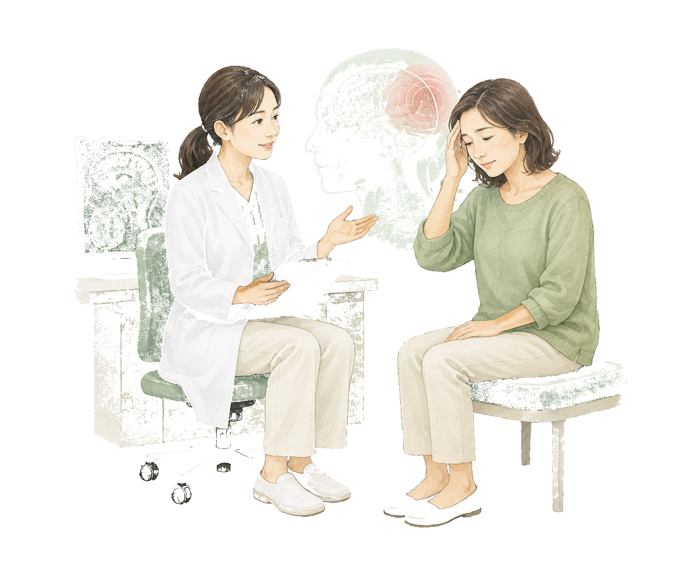 頭痛について相談する患者と医師のイラスト